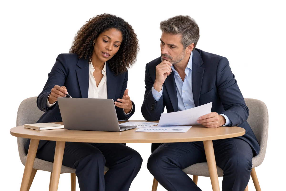 Illustrative company leaders examining a business decision together