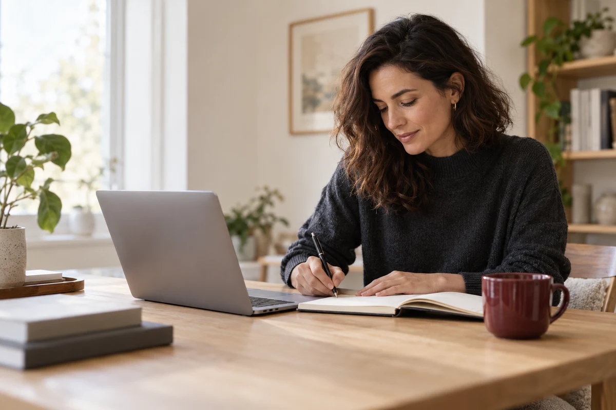 Illustrative professional reviewing a learning plan at her desk
