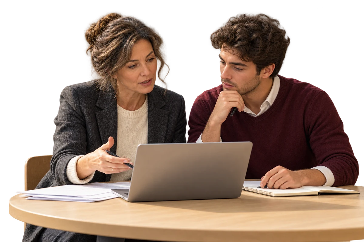Illustrative lecturer and graduate student working through an example together
